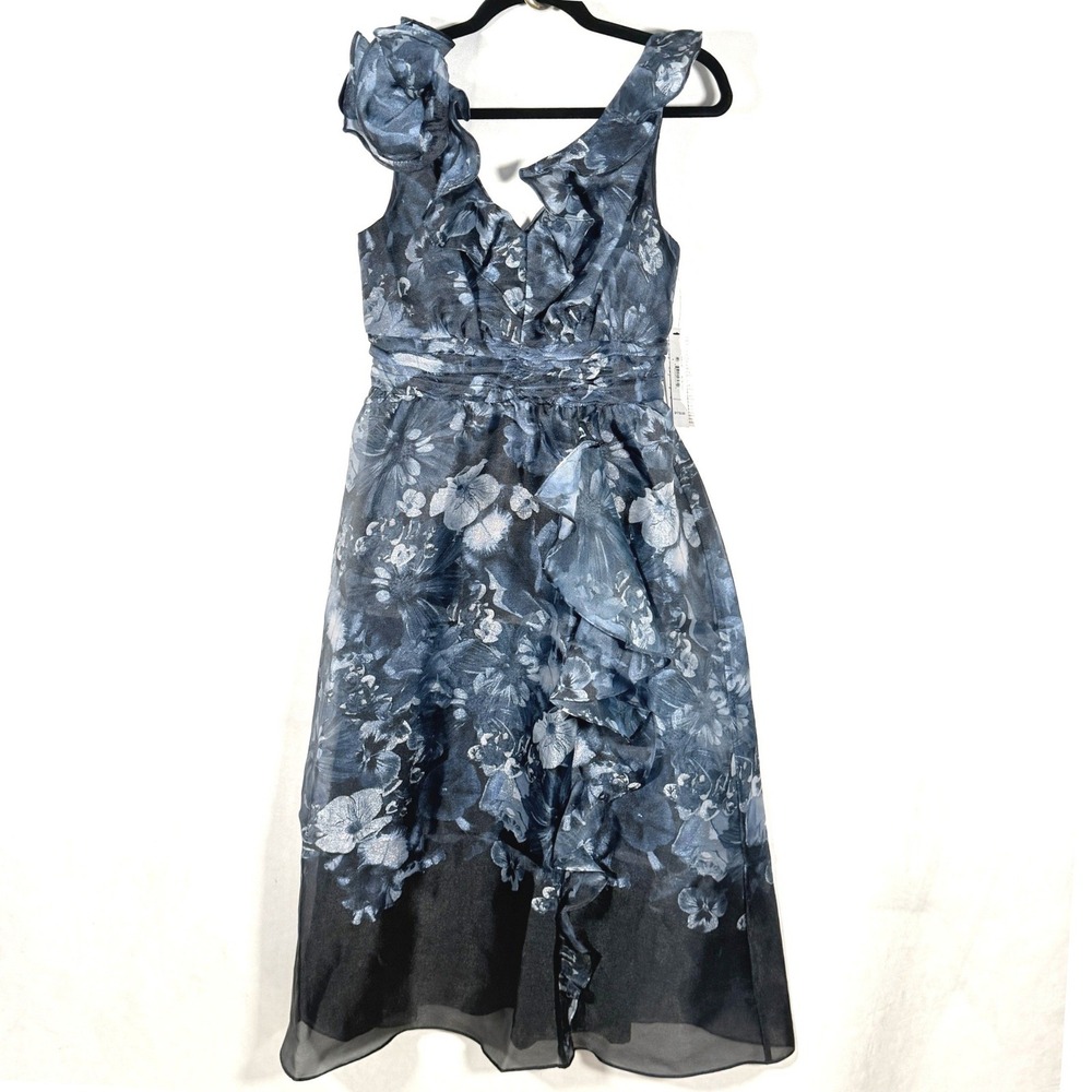 Maggy London New Navy Floral‎ Organza Ruffle Dress 4 sheer midi babydoll wedding